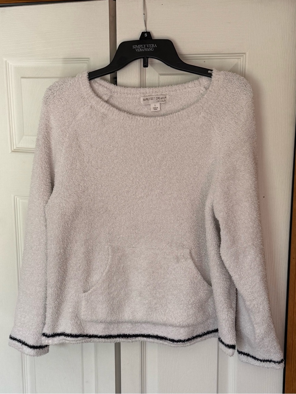 Barefoot Dreams Plush Crewneck Sweater in Light Gray with Black Trim